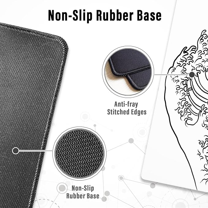 Ovenbird Gaming Mouse Pad with Stitched Edges, Japanese Wave White Extended XL Mousepad with Anti-Slip Base, Cool Large Mouse Pad for Desk, 31.5 x 11.8 in, White