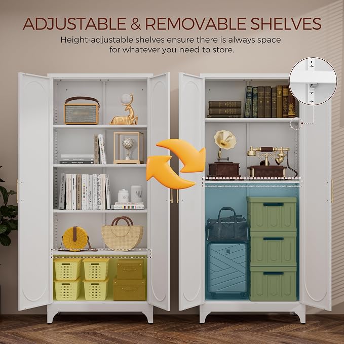 75" Tall White Storage Cabinet with Doors & 4 Adjustable Shelves | Metal Kitchen Pantry Cabinet, Metal Cabinet for Kitchen, Garage, Home Office, Living Room & School