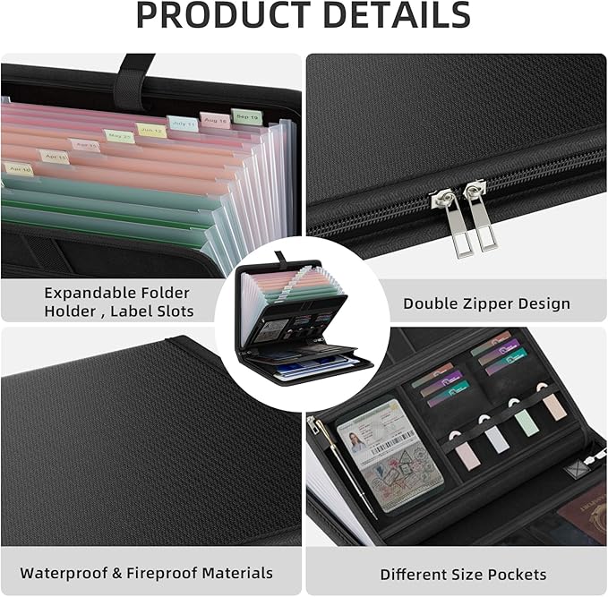 Huolewa Fireproof Accordion File Organizer, Portable Expanding File Folder with Waterproof Zipper&Labels, Black Document Organizer with 13 Pockets, File Organizer for Important Document/Paper Storage