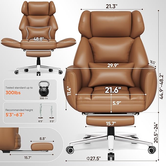 GABRYLLY Ergonomic Chair with Footrest – Wide Cross Legged Chair with Reversible Armrests, 120°Tilt, Heavy-Duty Base, Big and Tall Executive Chair Plus, Brown, GY82766