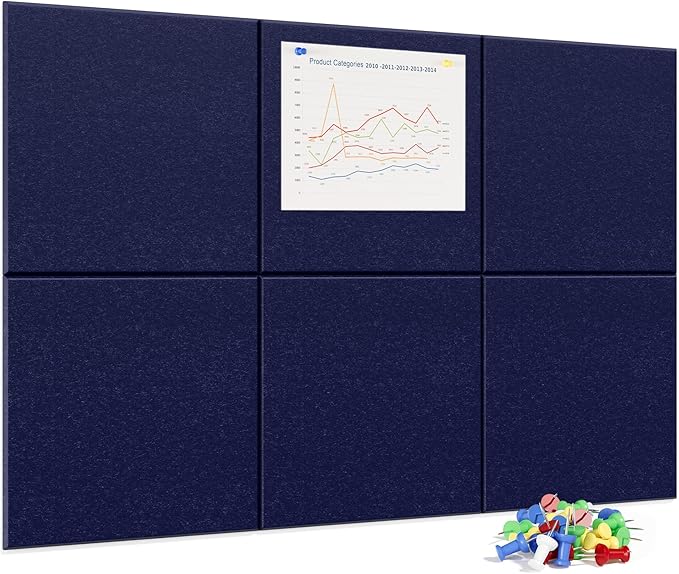 Large Cork Board for Wall, 36" x 24" Bulletin Board with Pushpins, 6 Panels Felt Tiles Tack Push Pin Board for Office, Dark Blue