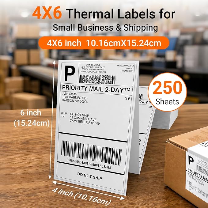 Phomemo 4x6 Thermal Shipping Labels 250 PCS Fanfold Labels for Address Mail | Compatible with JADENS/NULLTONEX/Nelko/KNAON/Phomemo/Rollo/MUNBYN/Omezizy/Rongta and Other 4x6 Label Printers, No BPA and BPS