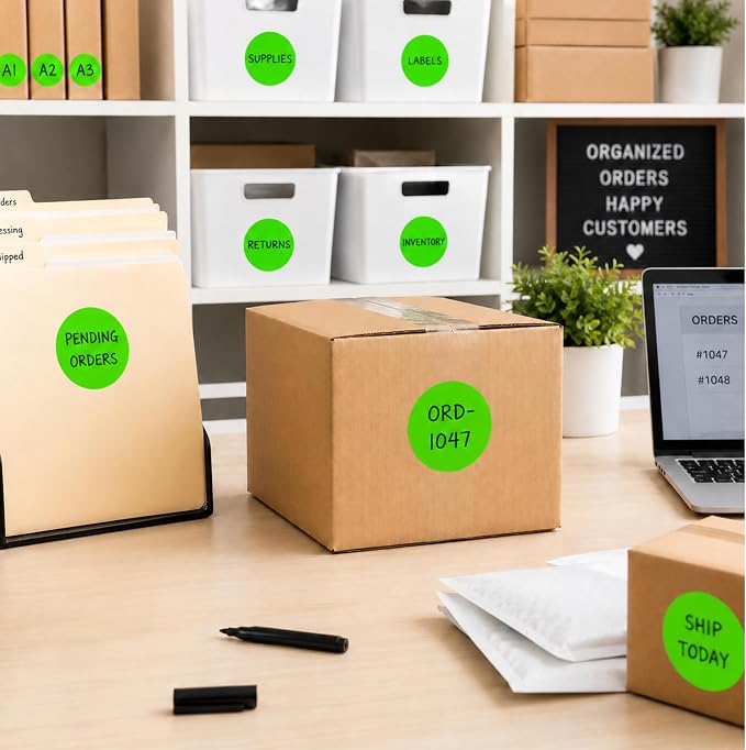 Fluorescent Green Dot Stickers, 2 Inch, 500/Roll | Writable Matte Paper Circle Stickers for Inventory, Classrooms, Offices, Retail, and Color Coding. Made in USA