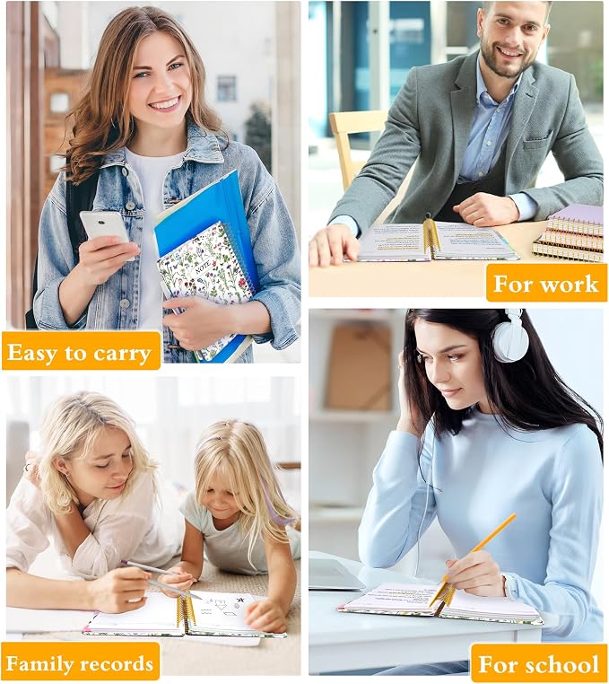 5 Subject Notebook College Ruled 240 Pages, A5(5.8"x8.3") Hardcover Spiral Notebook with Removable Dividers Tabs, Lined Spiral Journal Notebook for Women, Notebooks for Work School，whitespringflower