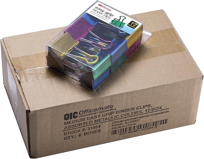 Officemate 31054 Easy Grip Medium Binder Clips, 6 packs of 12 clips each, assorted metallic colors.