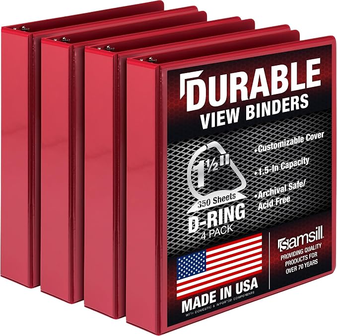 Samsill Durable 1.5 inch 3 Ring Binder, D Ring Binder, 100% Recycled Chipboard, Red, 4 Pack