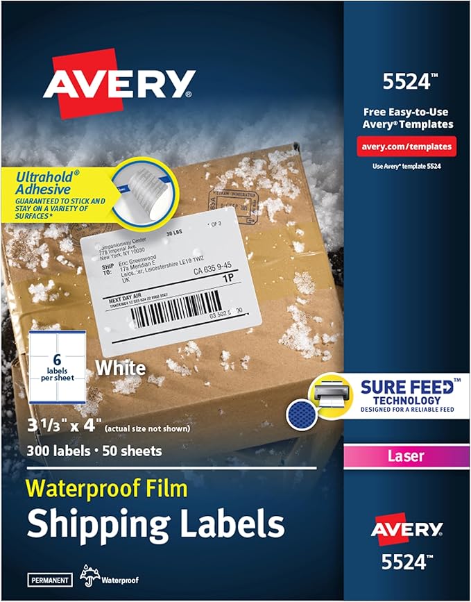 Avery Durable Waterproof Shipping Labels with Sure Feed Technology, 3-1/3" x 4", White, Laser Compatible, 300 Blank Labels Total, Great for Mailing, Branding, and More (5524)