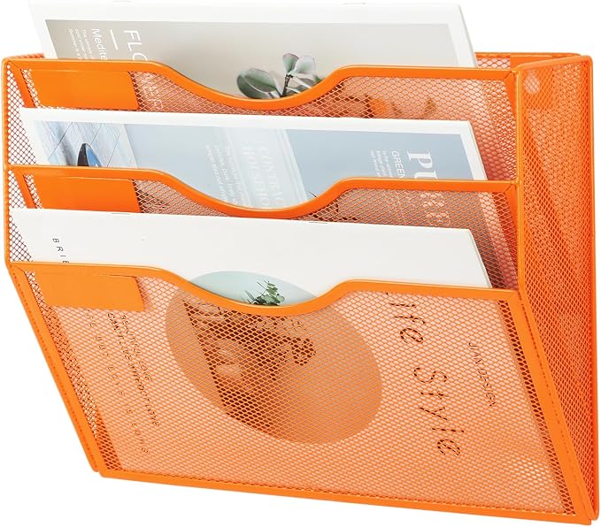 3 Pocket Mesh Hanging Wall File Organizer, Wall Mounted Mail Paper Document Folder Holder, Clipboard Storage Organization Magazine Rack with Nametag Label for Office Home School, Orange