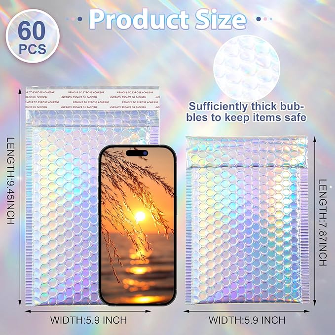Henoyso 60 Pcs 6 x 9.5 Inch Holographic Bubble Mailers Metallic Bubble Envelopes Usable Size 5.12" x 7.87" Waterproof Self Seal Shipping Bags for Makeup Jewelry Small Business Packaging, Rainbow Color