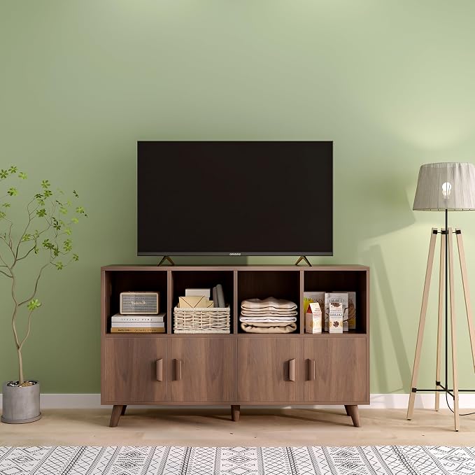 8-Cube Bookcase with Doors, 2-Tier Low Storage Cabient, Walnut | Solid Wood Legs and Door Handles, Cubby Shelf with 4 Doors, Fits 11×11" Bins for Home & Office
