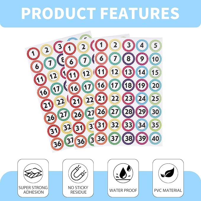 1000 Pcs Number Stickers 1-40,25 Sheets Round Dot Consecutive Number Self-Adhesive Stickers Erasable for Office,School,Storage,Organizing