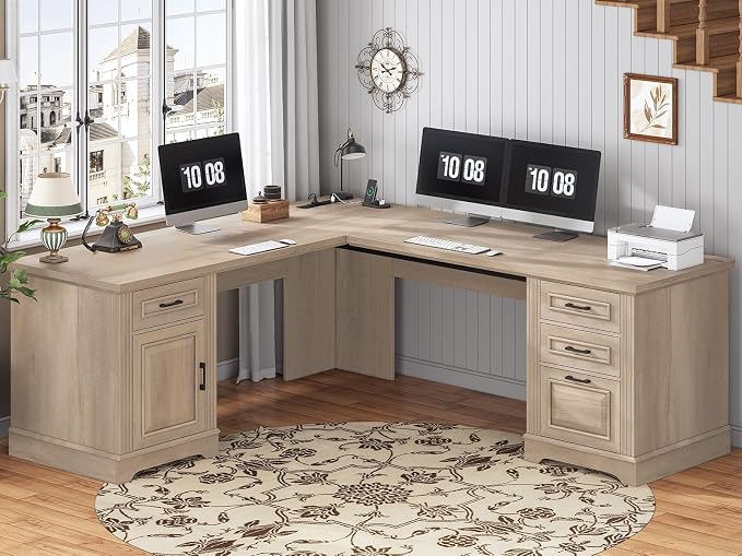 SEDETA Farmhouse 69" Executive L Shaped Desk, Corner Computer Desk with Storage Drawers and Power Outlet, Home Office Desk with File Drawer for Home Office, Oak