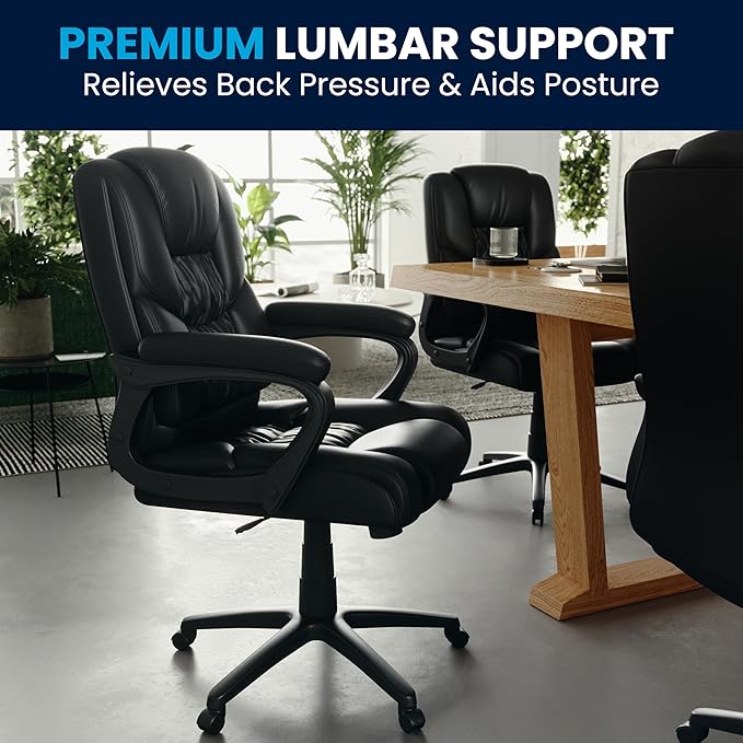 Flash Furniture Fundamentals Big & Tall Swivel LeatherSoft Office and Gaming Chair, Ergonomic Office Chair with Padded Armrests and Adjustable Height, Black