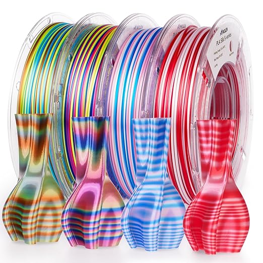 AMOLEN Silk 3D Printer Filament PLA Bundle, Shiny Multicolor Rainbow Filament Pack, Fast Color Change PLA 1.75mm 3D Printing Filament for Most FDM 3D Printer, 200g X 4 Spools
