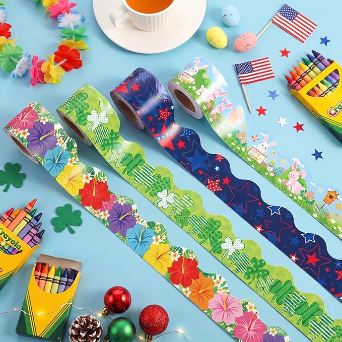 Geyee 12 Rolls 394 ft Holiday Bulletin Board Borders Seasonal Bulletin Board Decorations Winter Valentine's Day Spring Trim for School Classroom Wall Decor