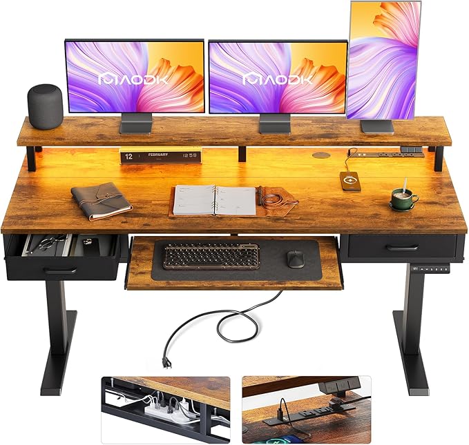 AODK 63 Inch Standing Desk with Drawers & Keyboard Tray, Rustic Brown | Power Outlet, LED Lights, Monitor Stand, Cable Management Tray, 3 Memory Heights, 29.9"-46.1" in Range