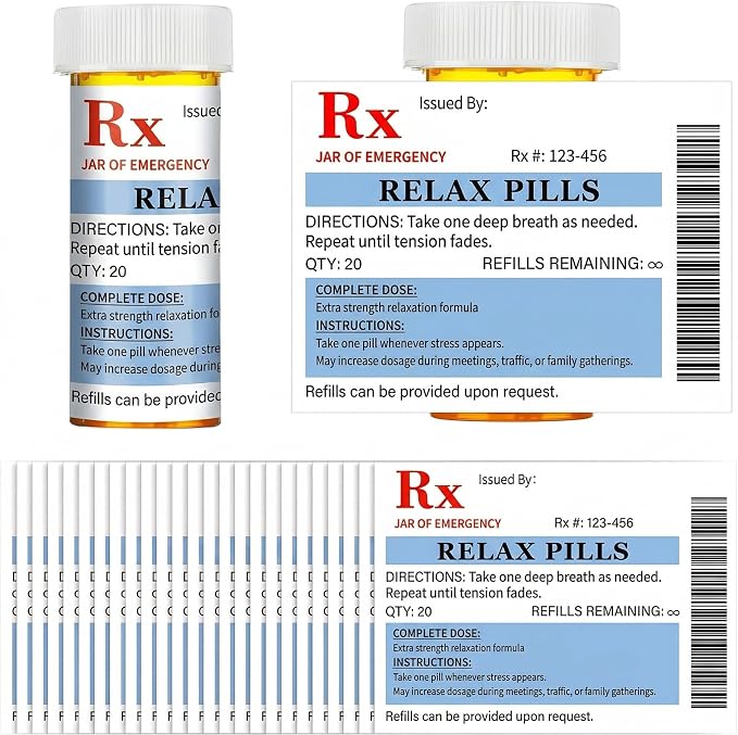 Kigeli 60 Pcs Relax Pill Labels Stickers Funny Gag Gift for Office Coworker Novelty Gift Nurse Party Favors Medication Pill Bottle Labels Stickers Nursing Pharmacist Party Supplies for School College