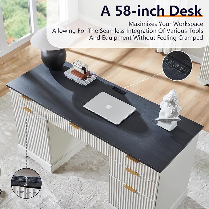 58" Modern Executive Desk with 5 Drawers & 1 Cabinet, Built‑in Outlet | Fluted Computer Writing Desk for Study, Living Room, Bedroom, Antique White