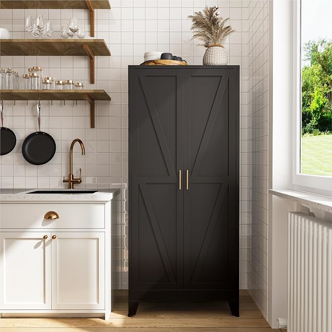 COFaR 61" Metal Pantry Cabinet in Black, Modern Storage Cabinet with Adjustable Shelves, Sturdy Metal Cupboard for Kitchen, Office, Living Room & Bathroom Organization