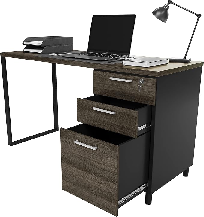 Modern Design Milano Office Computer Desk with 3 Locking Drawers, 48 Inch Grey and Black Industrial Wood Desk with Filing Drawer and Storage by Crafts and Comfort