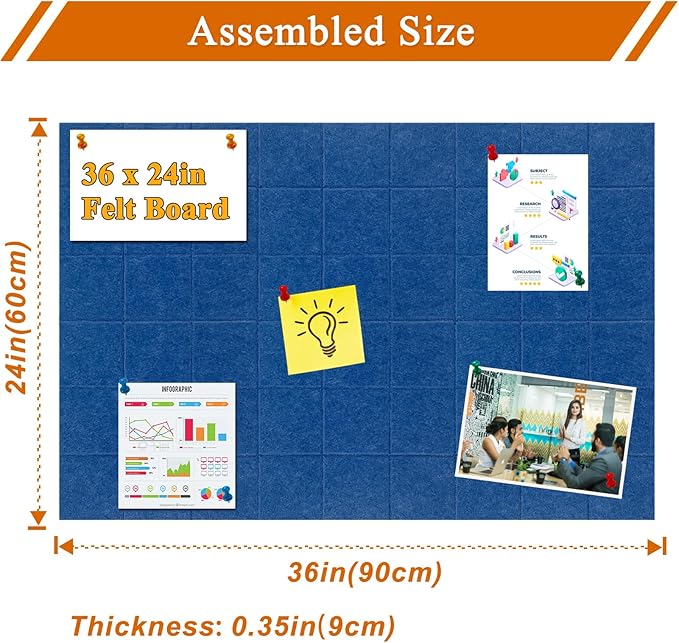 Large Square Felt Cork Board Tiles, Self Adhesive DIY Felt Bulletin Board Pin Board with 35 Pushpins for Office School Home Wall Decor Stickers Memos Photos Display (Blue)