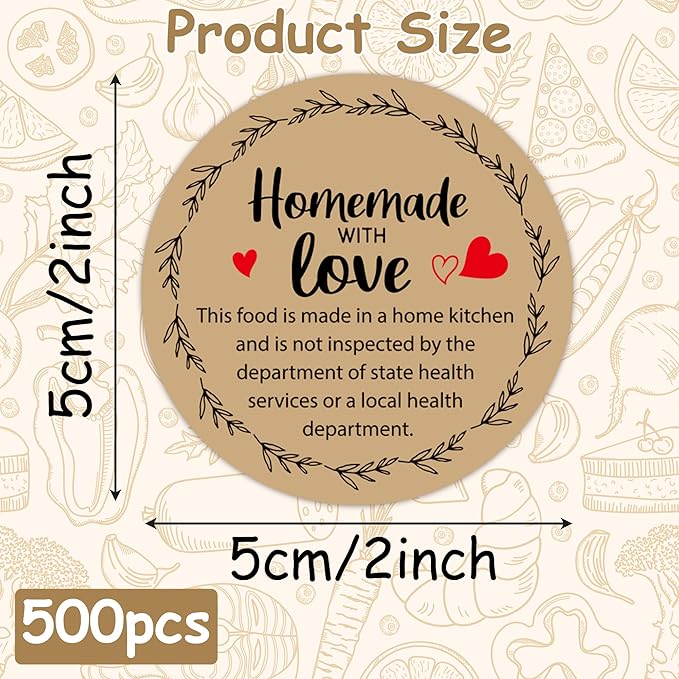 PANTIDE Cottage Food Law Labels Stickers - 500 Count Homemade with Love Adhesive Round Decal Roll, Made in A Home Kitchen Inspection Statement Thermal Printed for Food Packaging (2 x 2 Inch, Kraft)