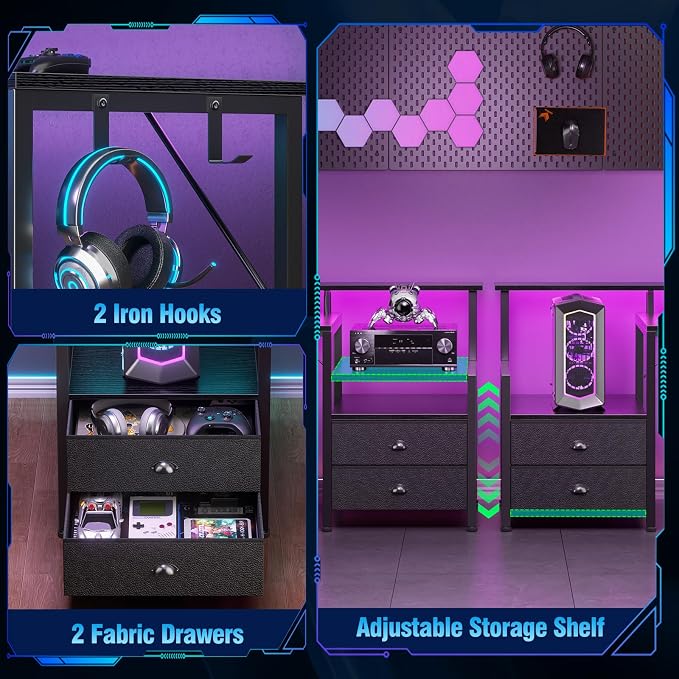 Korfile 66'' L Shaped Gaming Desk with Storage Drawers, Power Outlets, LED | Large Reversible Computer Desk for Multiple Monitors, Black Corner with CPU Stand for Gaming, Work, Home Office, Bedroom