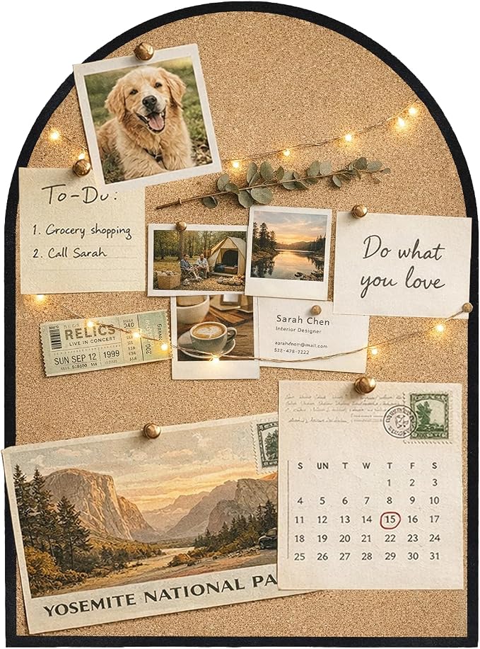 Self-Adhesive Arch Pin Cork Board, 10.4" x 14.4" 1/2" Thick (Black)