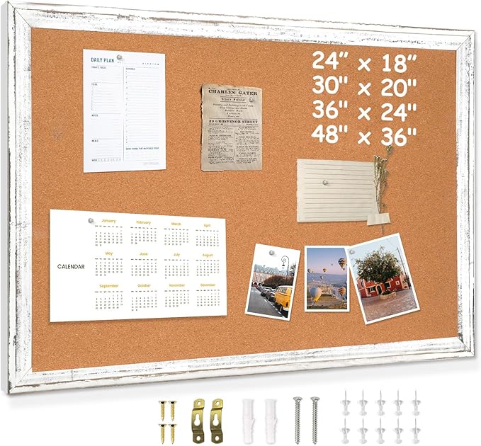 DOLLAR BOSS White Cork Board for Wall - 36 X 24 Inches, Rustic Wooden Frame Bulletin Board, Decorative Hanging Pin Board for Office & Home Decor