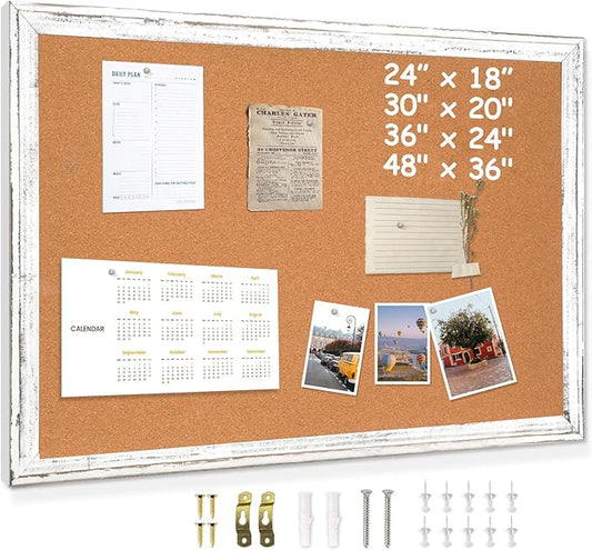 DOLLAR BOSS White Cork Board for Wall - 48 X 36 Inches, Rustic Wooden Frame Large Bulletin Board, Decorative Hanging Pin Board for Office & Home Decor
