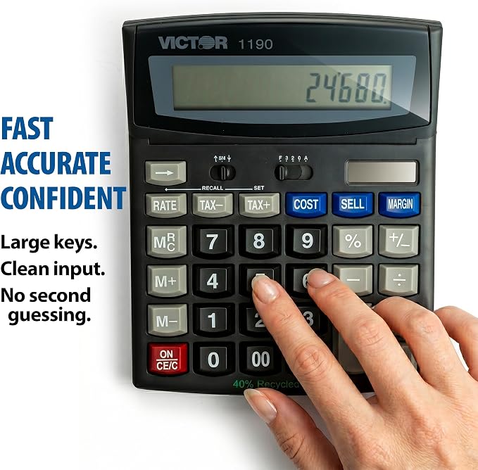 Victor 12-Digit Dual Power Desktop Calculator, Tilt LCD Display, Executive Desktop Calculator, 7.8 x 5.9-Inches, Black (1190)
