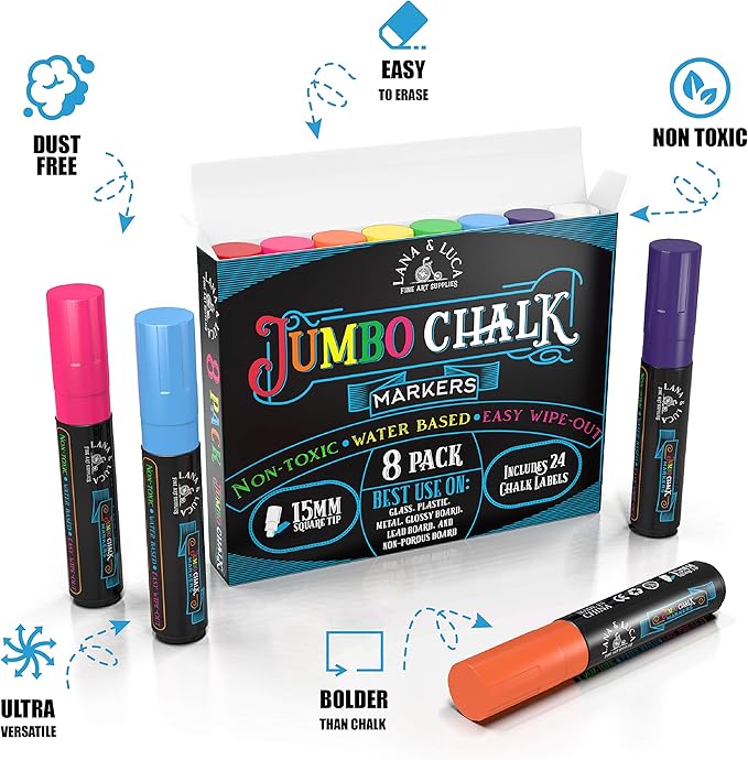 LANA & LUCA Jumbo Liquid Chalk Markers Square Tip - Bold Color Chalk Board Marker for Chalkboards, Windows, Signs, Blackboards - 15mm Tip (8 Pack)