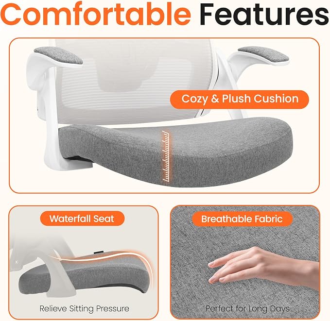 NEO CHAIR Office Desk Mesh Chair with Adjustable Ergonomic Lumbar, Grey | Breathable Mesh Back Support with Flip-Up Armrests and Wide Seat Cushion for Comfortable Home Office Work and Gaming Setup