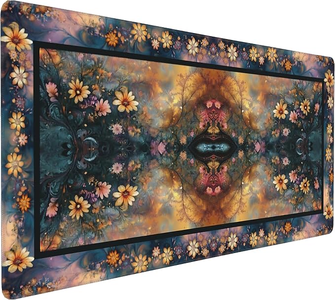 Floral Aesthetic Daisy Gaming Mouse Pad, Gold Blue Rug Desk Mat with Anti-Slip Base & Stitched Edges,35.4" x 15.7" in Table Mat for Computer Desktop, Beautiful Workstation Decor