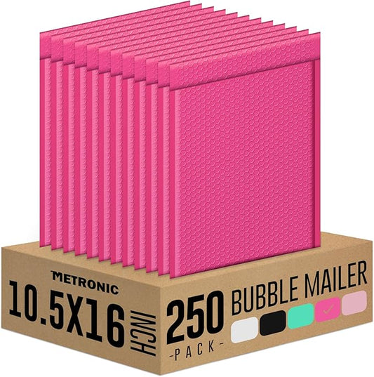 Metronic Bubble Mailers 10.5x16 250 Pack Large Pink Bubble Mailers Waterproof Thick Padded Envelopes for Packaging, Makeup, Gift, Mailing, Shipping, Small Items Supplies