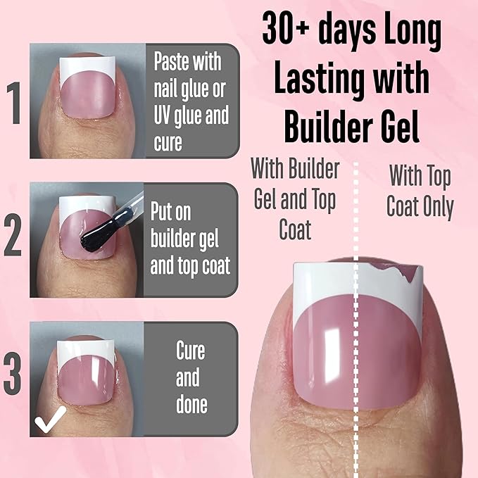 NOVO OVO Press on Toenails, Toe Nail Press ons for Women, White French Tip Sharp Square Pre-Designed Soft Gel Thick False Toenail Extension, BERRY PINK Full Cover Acrylic for DIY x 15 Sizes 150 pcs