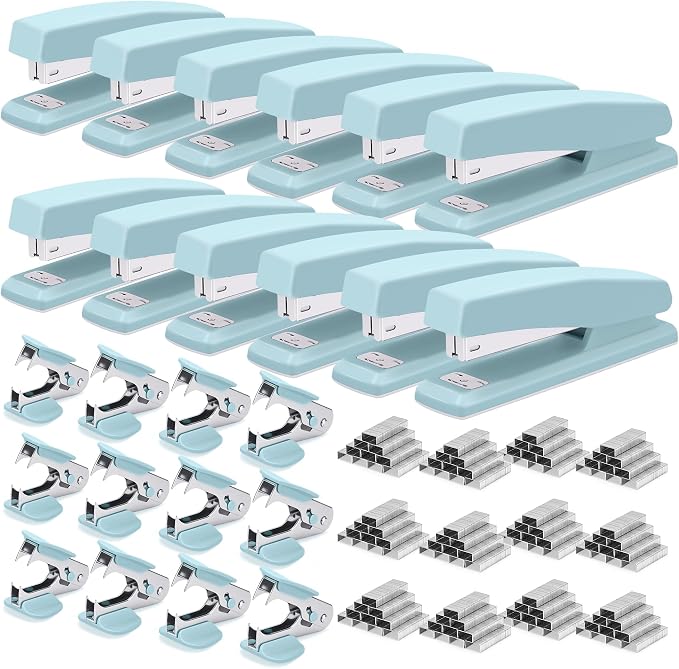 Deli Stapler, 12 Pack Staplers, 2000 Staples and 12 Staple Removers, Blue | Staplers for Desk, 25 Sheet Capacity