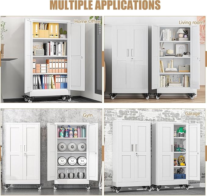 47" Metal Garage Storage Locker Cabinet with Wheels,Rolling White Kitchen Pantry Cabinet with 2 Doors and 3 Adjustable Shelves, Steel File Tool Cabinet for Home Office Living Dinning Room Warehouse