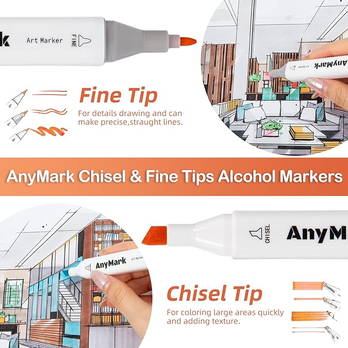 AnyMark Alcohol Markers, 120 Colors Dual Tip Art Coloring Markers Set for Adult Book Drawing Sketching Painting, Chisel & Fine, White Penholder