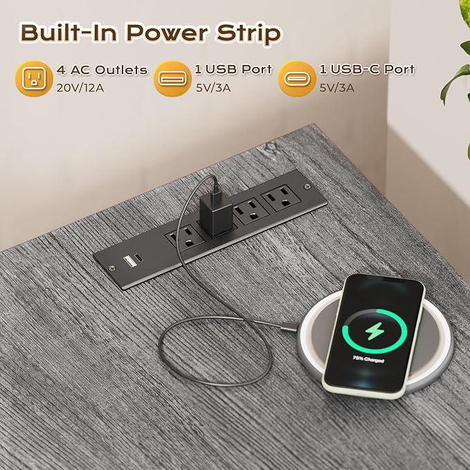 47 X 24 Inch Deeper Desk with Power Outlets | Computer Desk for Bedroom, Office Desk for Work from Home, Writing Study Gaming Table, Stable Metal Frame, Grey