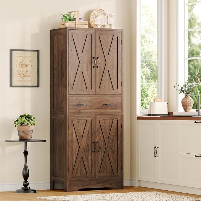 Tall Storage Cabinet with 2 Adjustable Shelves & 1 Large Drawer, Kitchen Pantry Cabinet with 4 Doors, Bathroom Storage Cabinets, for Living Room, Kitchen, Bathroom, Walnut