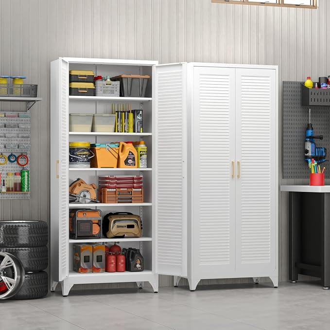 75" Tall Kitchen Pantry Cabinet, Metal Storage Cabinet with Doors | Kitchen Cabinet with 5 Adjustable Shelves, White Cupboard for Kitchen, Dining Room, Living Room, Bathroom, Garage and Office