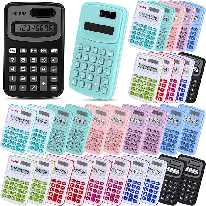 Flutesan 30 Pack Pocket Calculator,Red, Blue, Green, Black, Pink, Purple | Mini 4 Function Calculators, for Students Kids, Small Battery Powered Bulk, Basic Handheld, for School Classroom Home Office