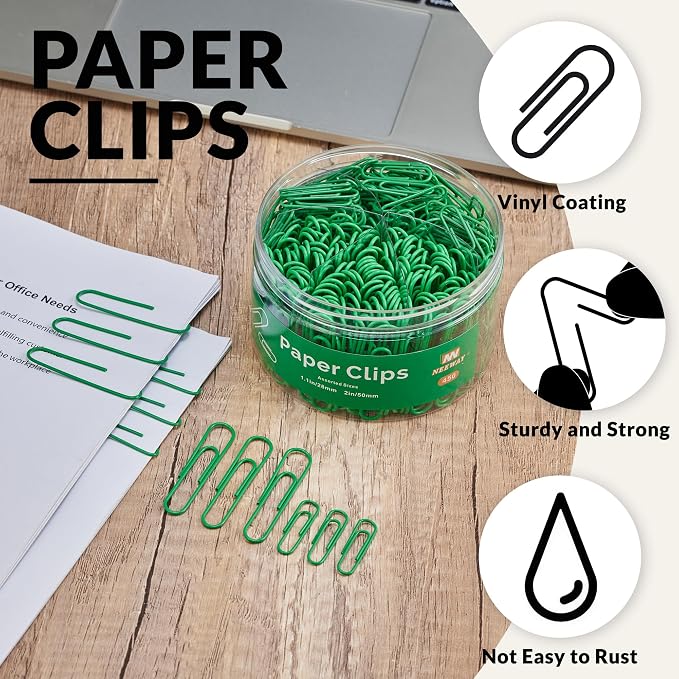 NEEWAY 450pcs Paper Clips Assorted Sizes, Small and Large Paper Clips (1.1 inch, 2 inch), Coated Paperclips for Office School Document Organizing (Green)