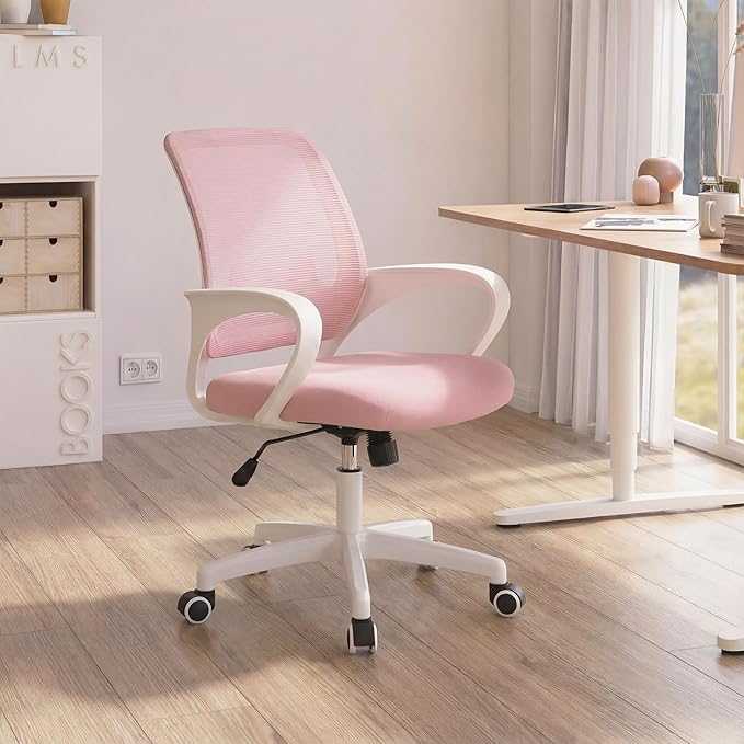 NEO Chair Office Desk Ergonomic Mesh Computer Chair with Lumbar Support Adjustable Height Swivel Rolling Wheels Comfy Mid Back Task Chair for Home Bedroom Vanity Study (Pastel Pink)