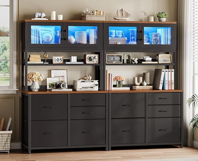 SEDETA 5 Drawer File Cabinet with Power Strip, 31.5" Filing Cabinet fits Legal, Letter, A4 Size File for Home Office with Printer Stand, LED Lights and Storage Shelf, Black and Brown