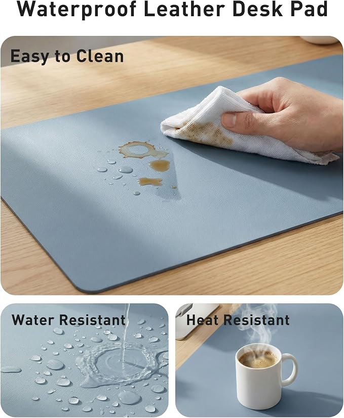Aothia Faux Leather Desk Mat - Large Mouse Pad, Non-Slip PU Leather Blotter, Waterproof Writing Surface for Office and Home (Denim Blue, 63" x 17")