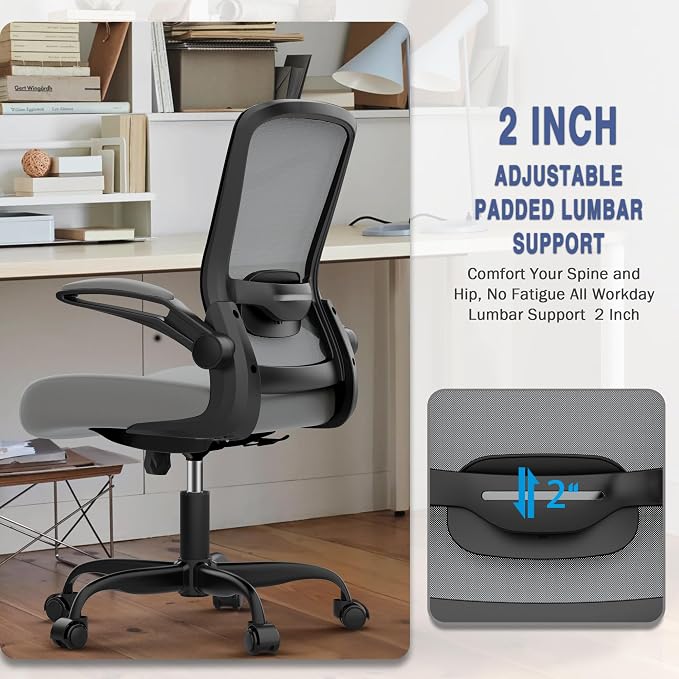 Mimoglad Ergonomic Office Chair - Desk Chair with Flip-up Armrests & 135° Recline, Adjustable Lumbar Support - Space-Saving Task Chair for Business/Team Office & Home | Supports 300 lbs · Seat 19.48"–23.4" · Breathable mesh · 20–30 min assembly · 5-yea...