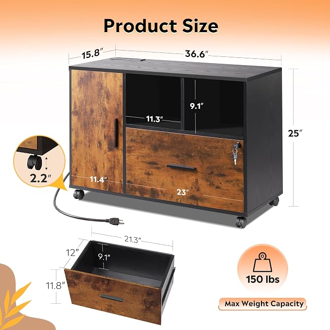 DEVAISE File Cabinet with Charging Station, 1 Drawer Rolling File Cabinet, Locking Filing Cabinet for Home Office, Wood Printer Stand with Storage, Rustic Brown | Locking & Charging Station, Lateral Rolling Filing Cabinet, Doors and Shelves, Fits Legal...