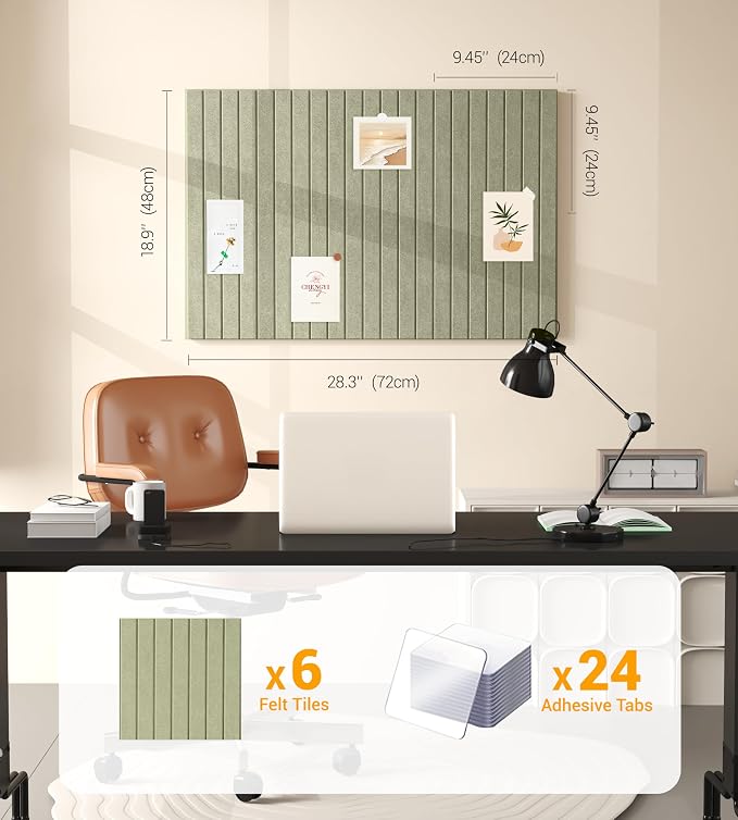 28" x 18" Felt Bulletin Board Tiles 1/2" Thick, Sage Green | 6 Pack Felt Tiles, Large Cork Board Alternative, 30 Adhesive Tabs, Pin Board for Home Office Decor with Easy Install